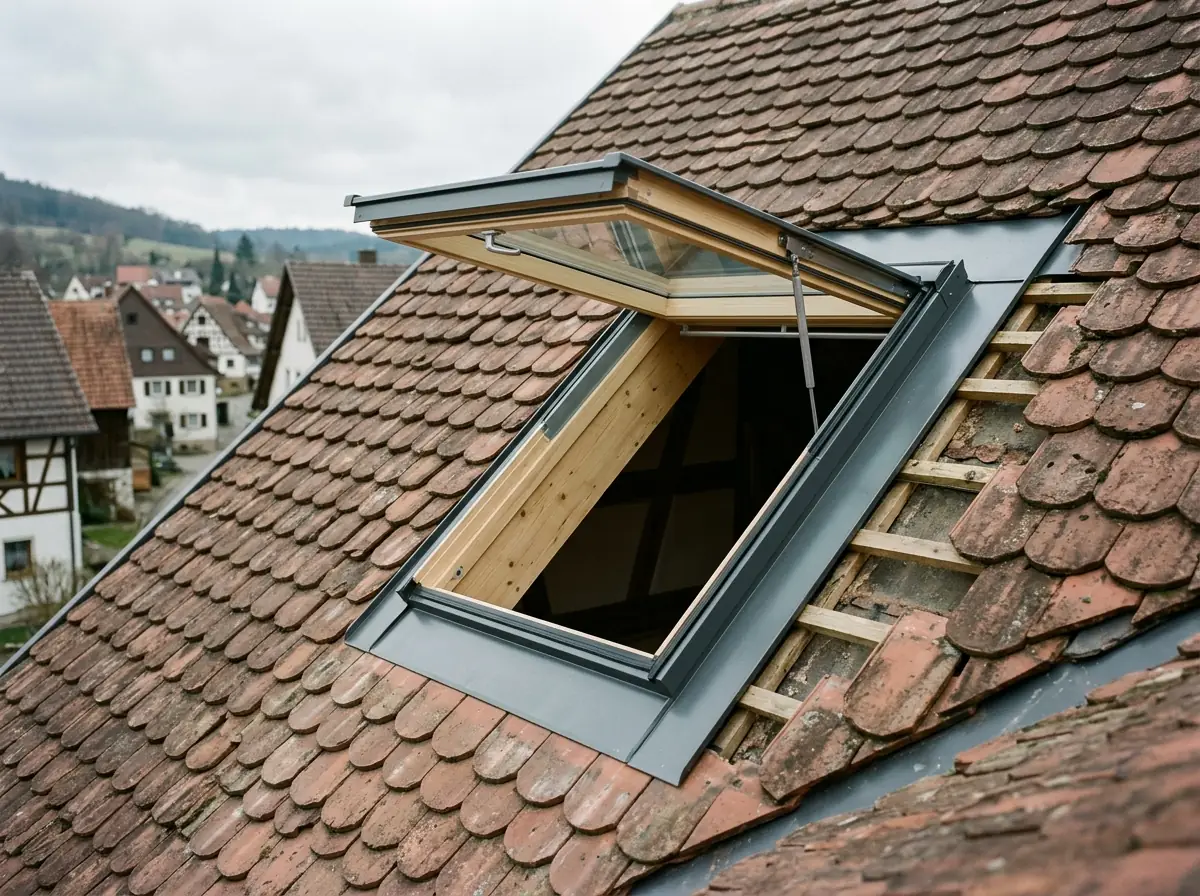 Neu eingebautes Dachfenster in geneigtem Ziegeldach