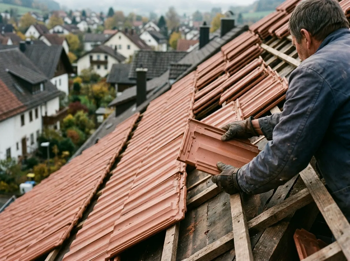 Neue Tondachziegel auf frischer Lattung